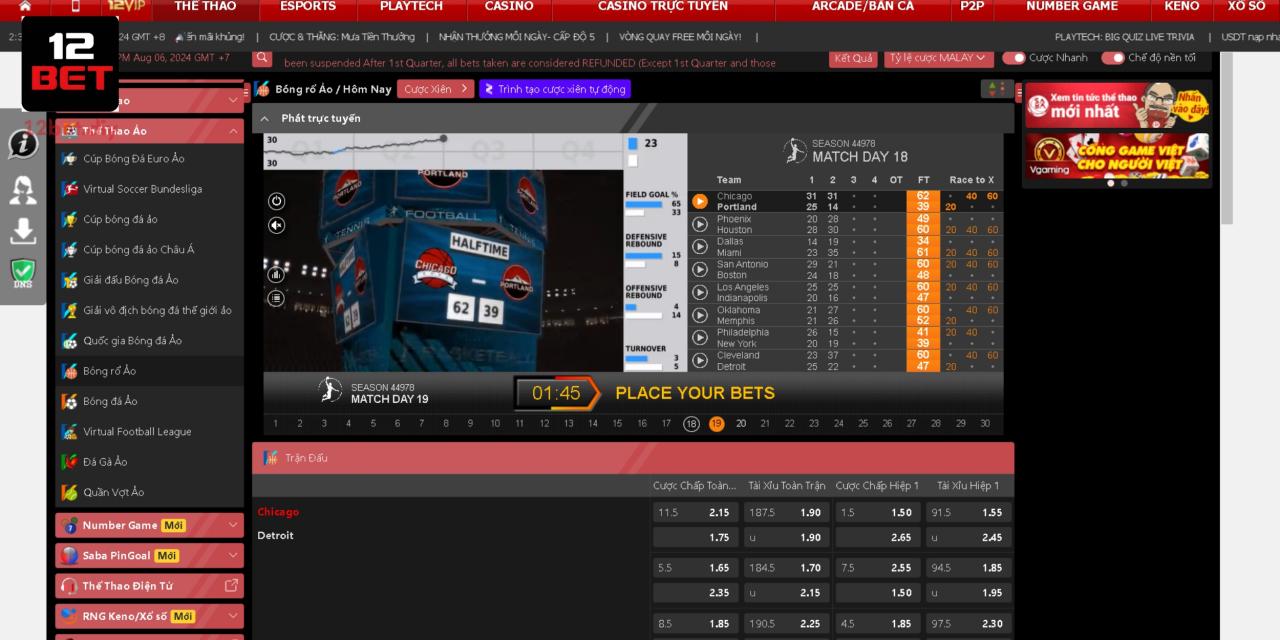 Thể Thao Ảo 12Bet - Hình Thức Đặt Cược Mới Đầy Thú Vị 3 Đặt cược tại bóng rổ ảo hấp dẫn