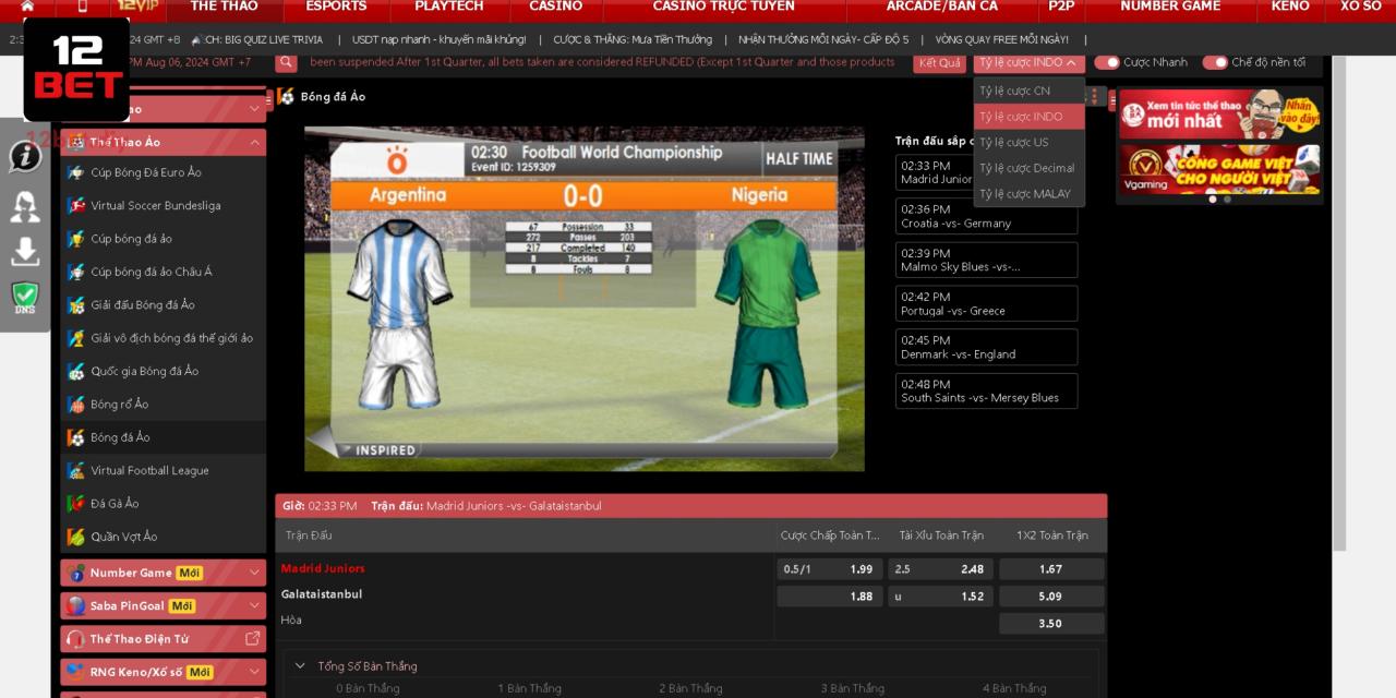 Thể Thao Ảo 12Bet - Hình Thức Đặt Cược Mới Đầy Thú Vị 4 Tỷ lệ INDO khá đơn giản cho người mới